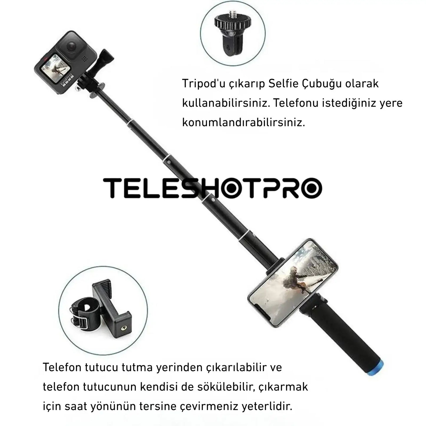 TeleshotPro™ - Aliminum Selfie Stick with Tripod and Phone Clip ( Tripod Üçlü Set )