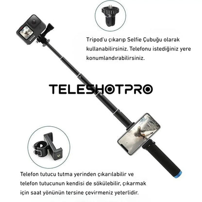 TeleshotPro™ - Aliminum Selfie Stick with Tripod and Phone Clip ( Tripod Üçlü Set )