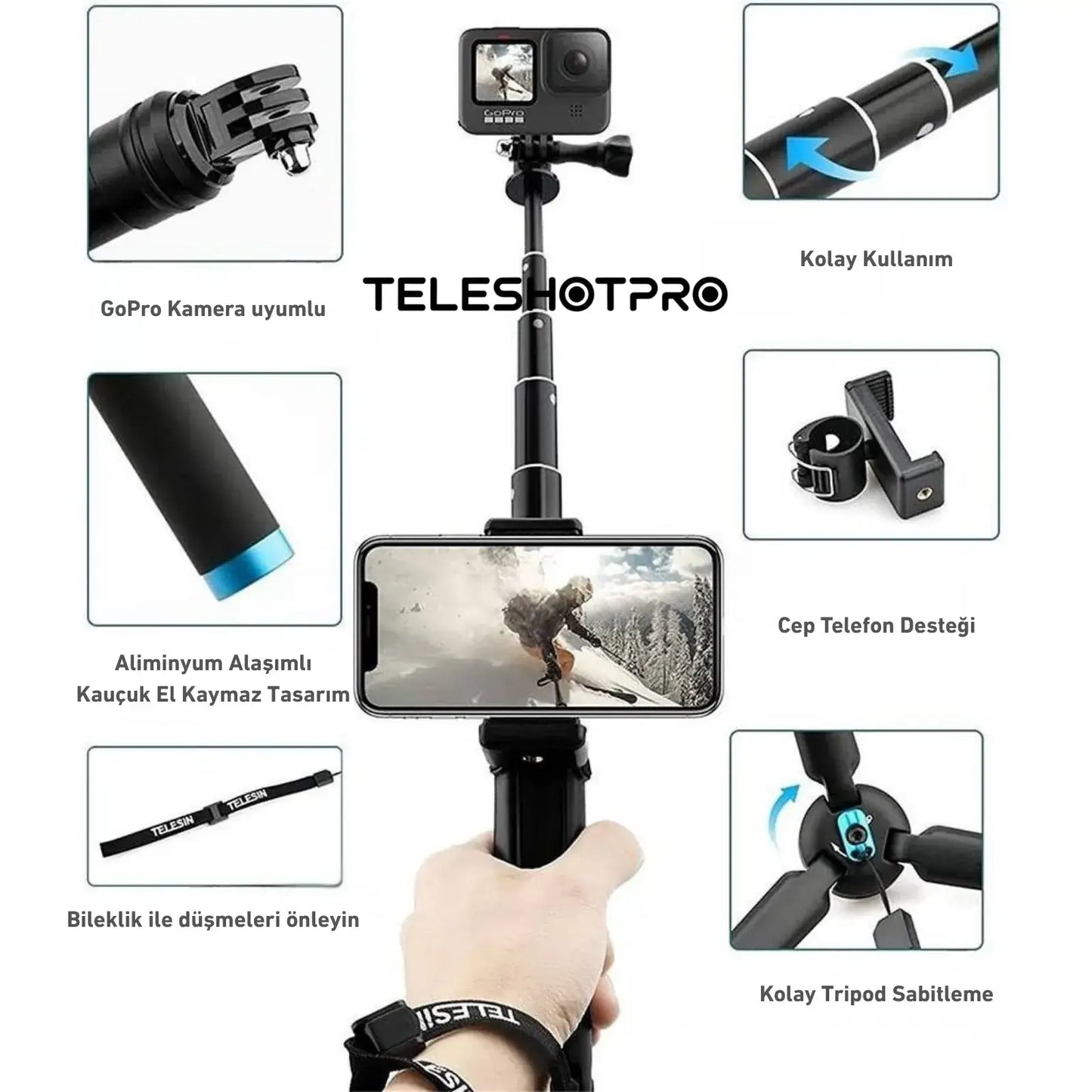 TeleshotPro™ - Aliminum Selfie Stick with Tripod and Phone Clip ( Tripod Üçlü Set )