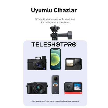 TeleshotPro™ - Aliminum Selfie Stick with Tripod and Phone Clip ( Tripod Üçlü Set )