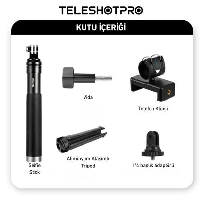 TeleshotPro™ - Aliminum Selfie Stick with Tripod and Phone Clip ( Tripod Üçlü Set )