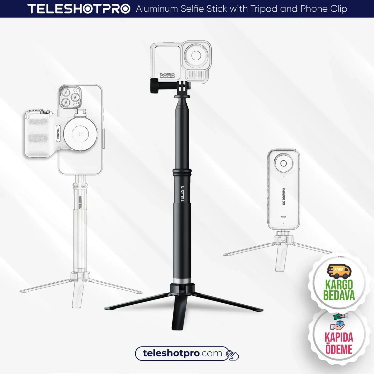 TeleshotPro™ - Aliminum Selfie Stick with Tripod and Phone Clip ( Tripod Üçlü Set )