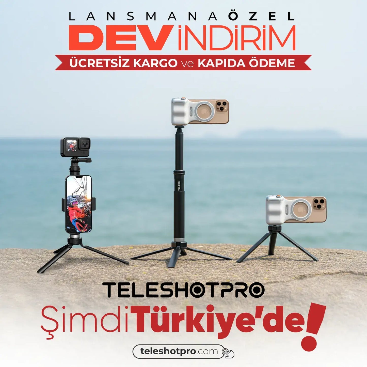 TeleshotPro™ - Aliminum Selfie Stick with Tripod and Phone Clip ( Tripod Üçlü Set )
