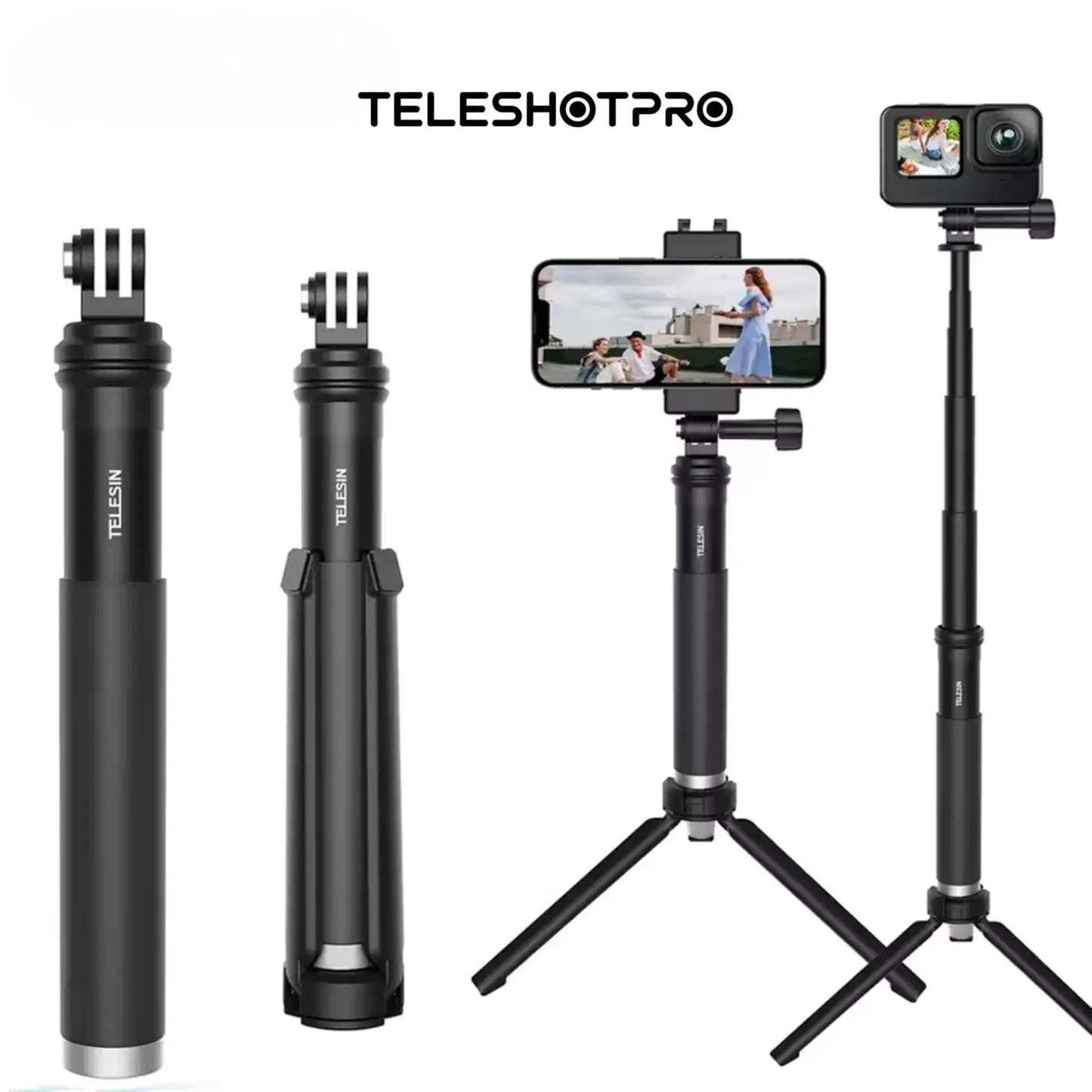 TeleshotPro™ - Aliminum Selfie Stick with Tripod and Phone Clip ( Tripod Üçlü Set )
