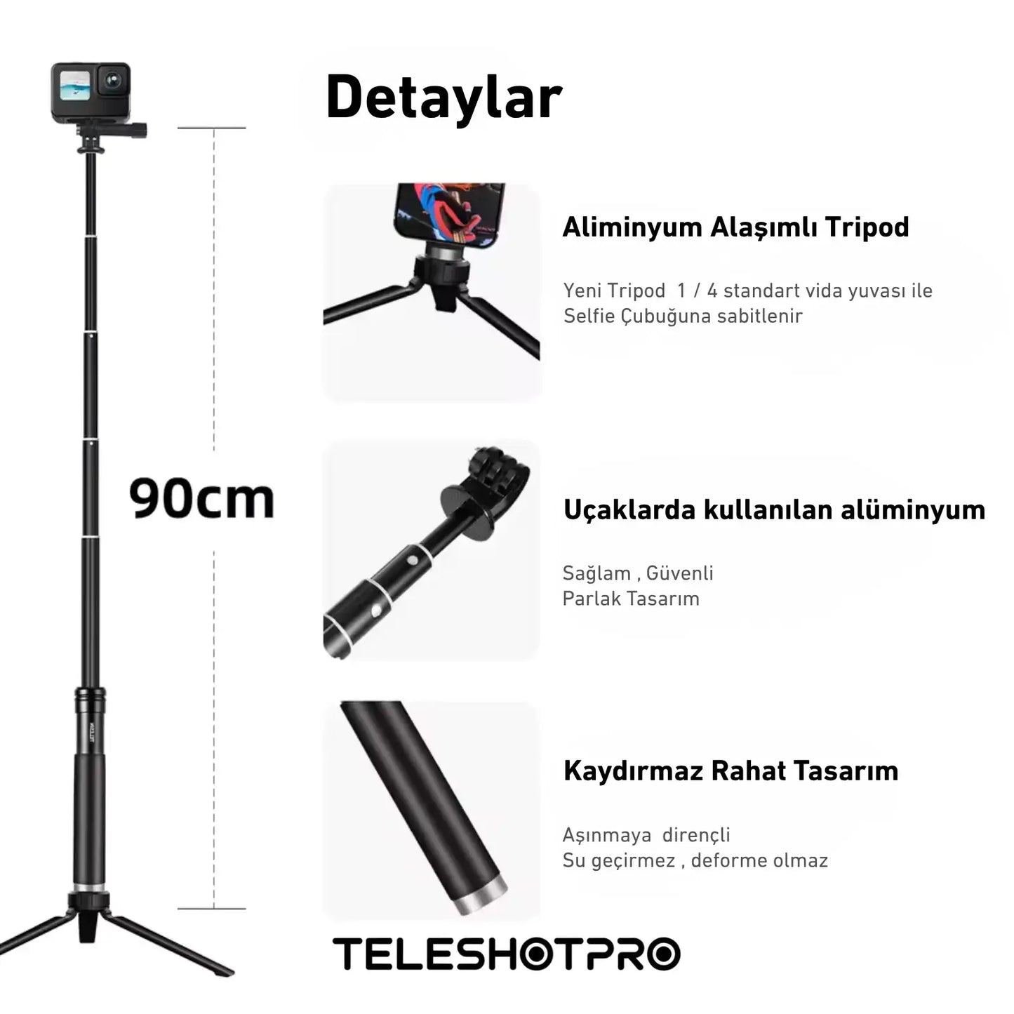 TeleshotPro™ - Aliminum Selfie Stick with Tripod and Phone Clip ( Tripod Üçlü Set )