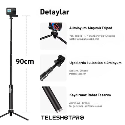 TeleshotPro™ - Aliminum Selfie Stick with Tripod and Phone Clip ( Tripod Üçlü Set )