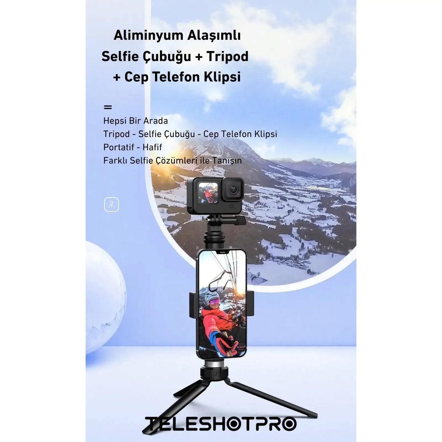 TeleshotPro™ - Aliminum Selfie Stick with Tripod and Phone Clip ( Tripod Üçlü Set )