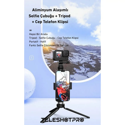 TeleshotPro™ - Aliminum Selfie Stick with Tripod and Phone Clip ( Tripod Üçlü Set )